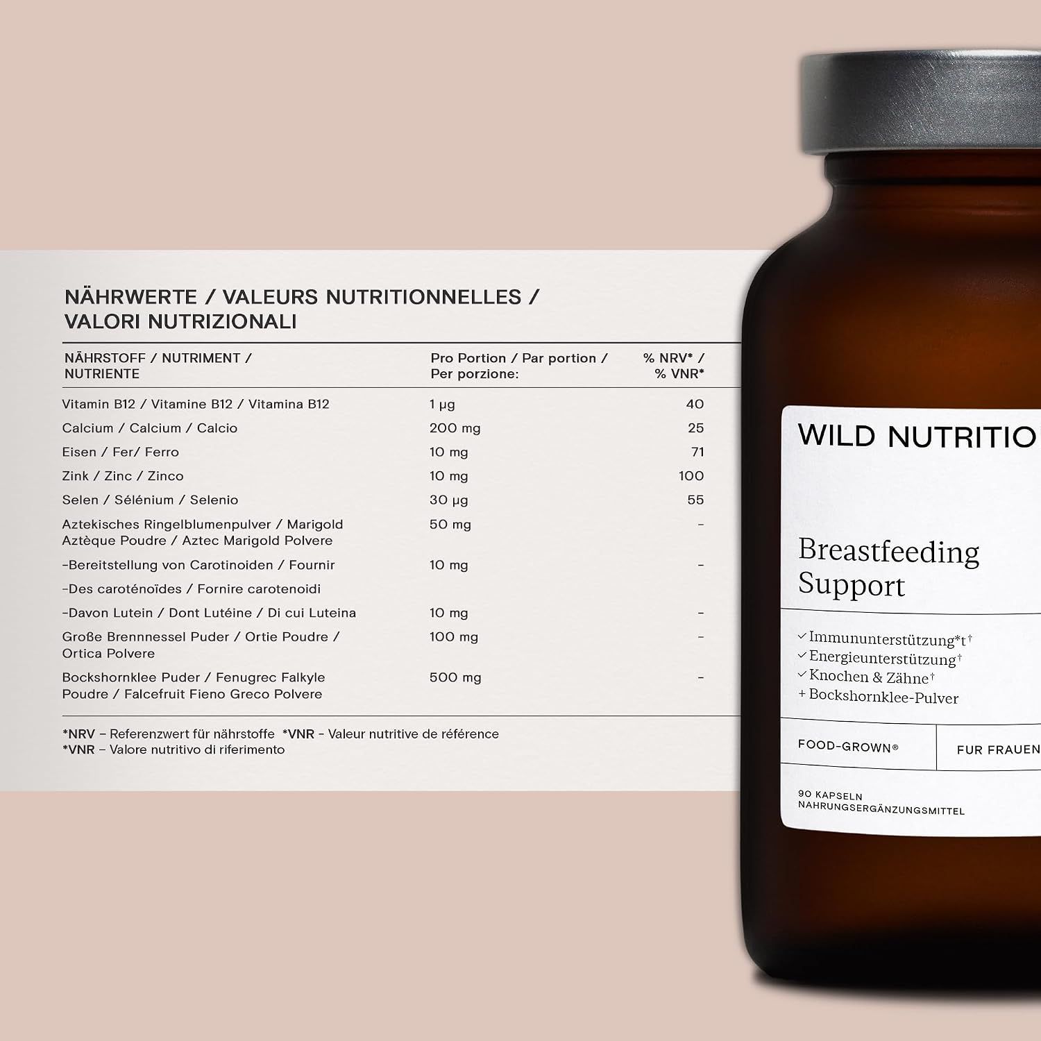 Braunglasflasche mit Etikett 'WILD NUTRITION Breastfeeding Support'. Daneben eine Nährwerttabelle.