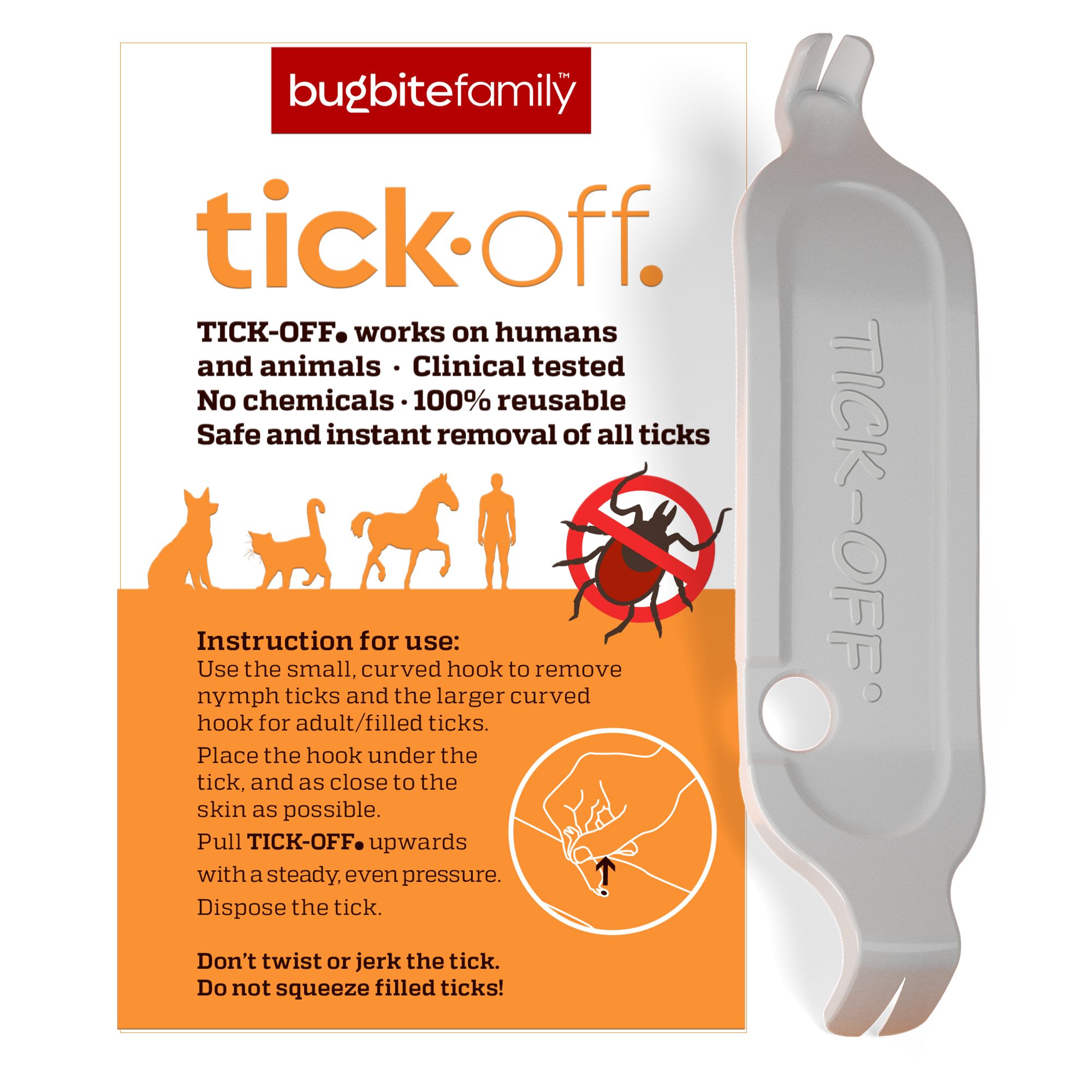 Zeckenentferner Tick-off und Verpackung. Weißes Werkzeug mit Haken. Verpackung mit Produktname, Logos und Anweisungen.