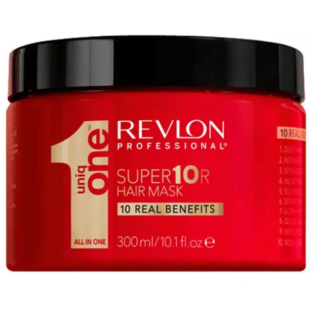 Rote Dose mit schwarzem Deckel. Aufschrift: Revlon Professional, Super10R Hair Mask. 300ml/10.1 Fl.Oz.e. 10 Real Benefits.