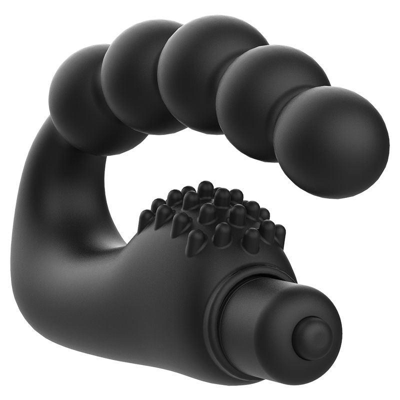 Schwarzer Analmassager mit perlenförmigem Aufsatz und Noppen.