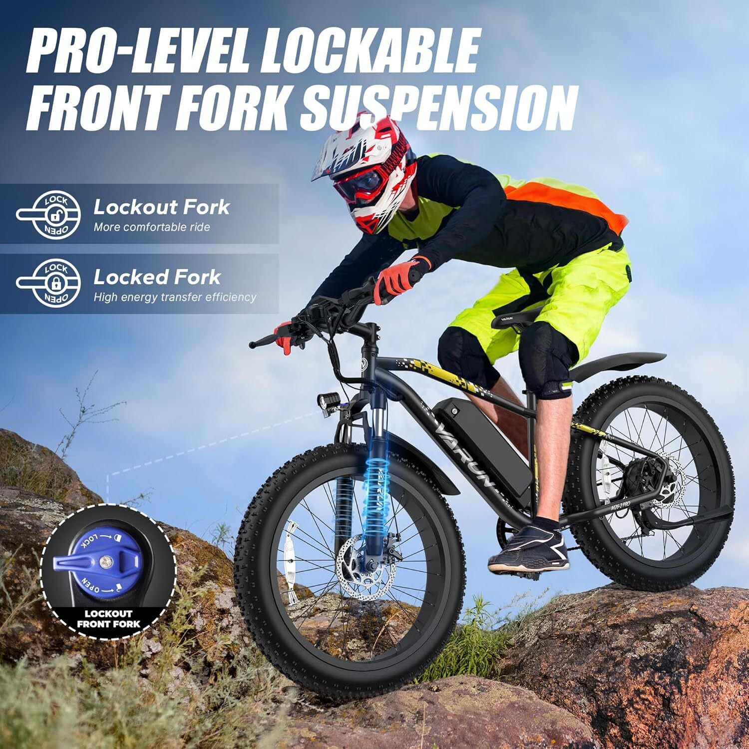 Person fährt ein VARUN E-Mountainbike auf einem felsigen Pfad. Text: PRO-LEVEL LOCKABLE FRONT FORK SUSPENSION.