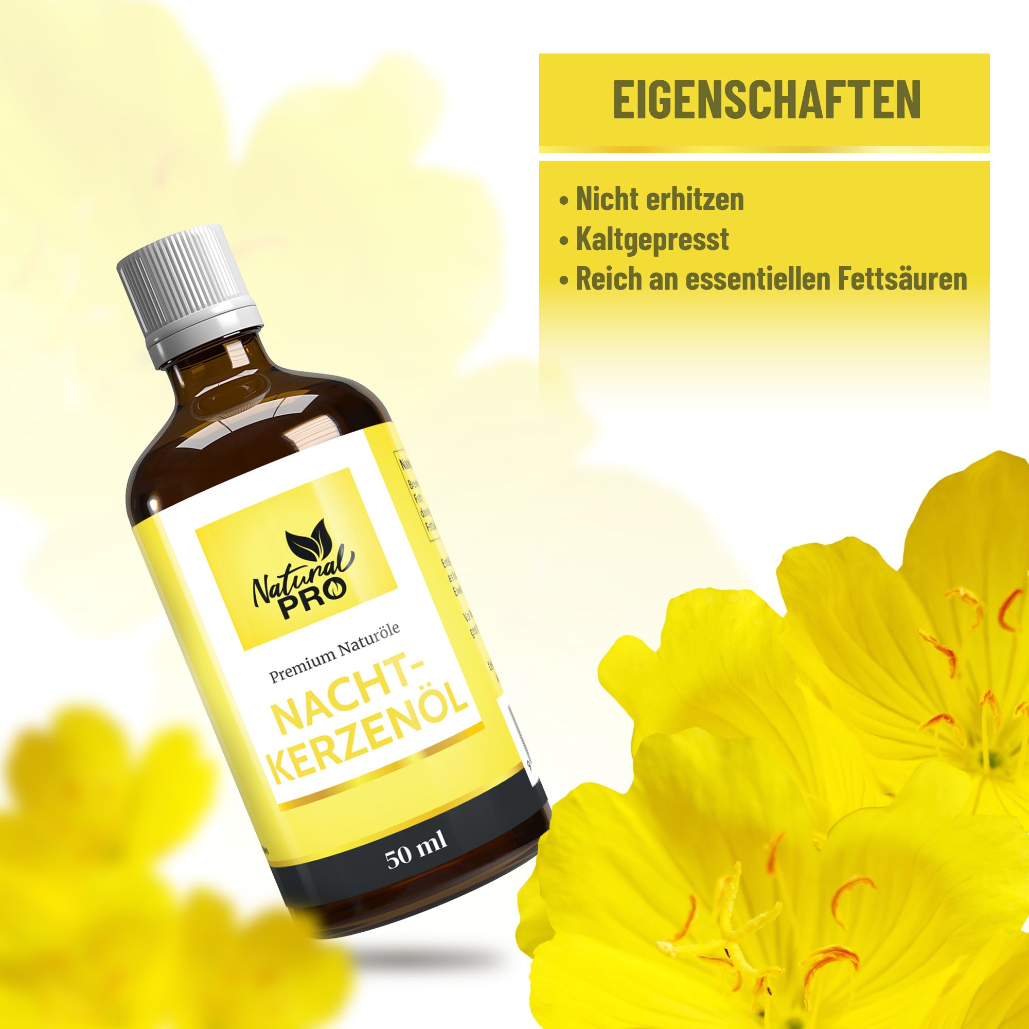 Braune Glasflasche mit gelbem Etikett. Aufschrift: Nachtkerzenöl, 50 ml. Marke: Natural PRO. Hintergrund: gelbe Blüten.