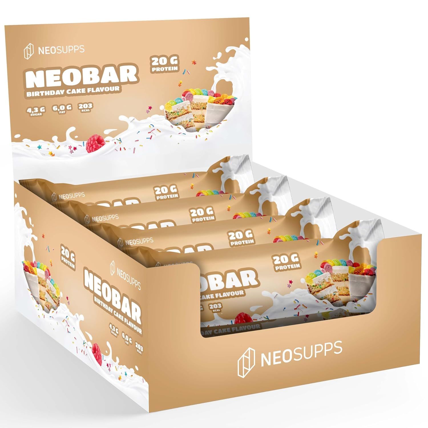 Geöffnete Box mit NeoBar-Riegeln. Auf den Riegeln steht "NeoBar". Logo von Neosupps.