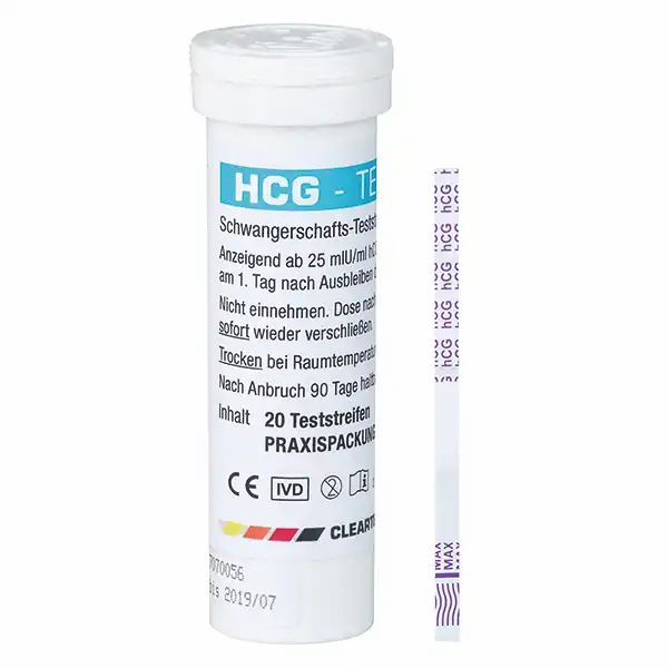 Zylindrische weiße Verpackung mit blauem Etikett. Enthält Teststreifen. Aufschrift: HCG-Test, Schwangerschafts-Teststreifen. CE-Kennzeichnung.