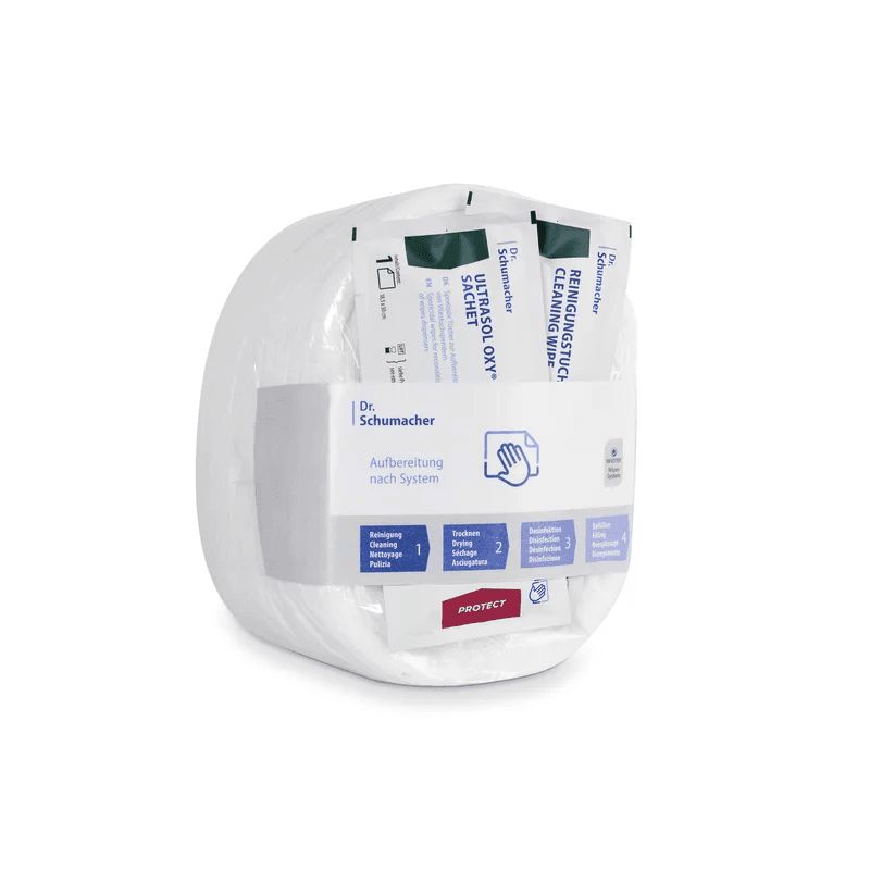 Verpackung mit Dr. Schumacher Eco Wipes Vliestücher. Einzelne Tücher in Folie. Aufdrucke mit Produktinformationen.