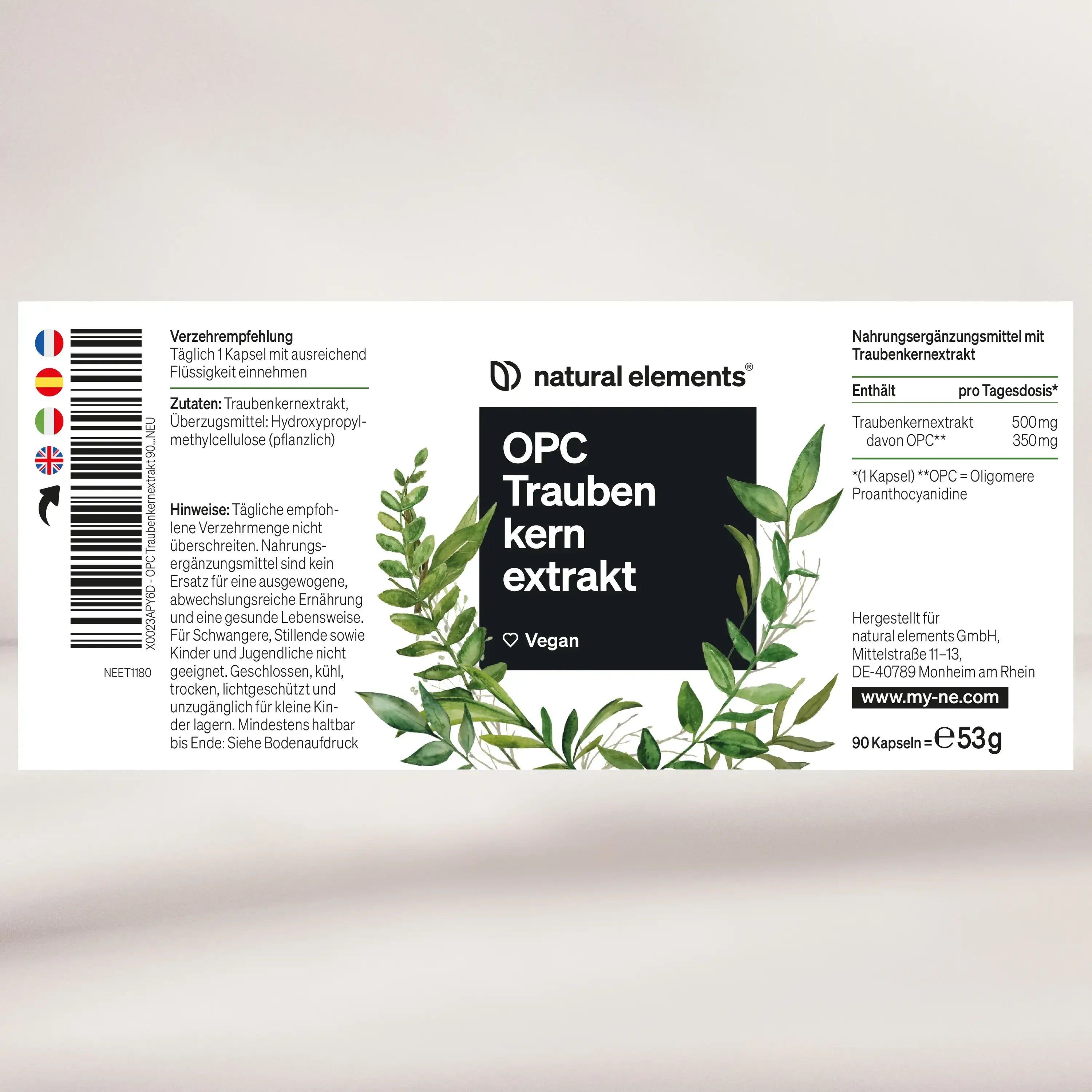Etikett mit Text und Logo. OPC Traubenkernextrakt, vegan. Enthält Informationen und Nährwertangaben.