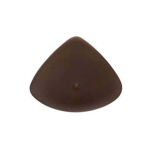 Brustprothese, braun, dreieckig, mit kleiner Erhebung. Aus glattem Material.
