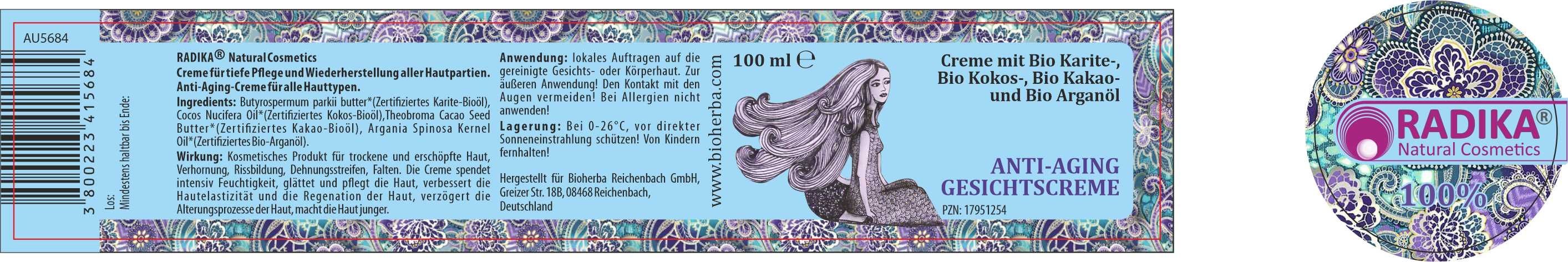 Etikett mit Text: Anti-Aging Gesichtscreme, Illustration einer Frau, Bioherba, Radika Natural Cosmetics, 100 ml.