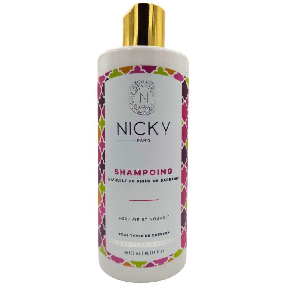 Weiße Shampoo-Flasche mit goldenem Verschluss. Aufschrift: Nicky Paris, Shampoo mit Feigenkaktusöl. Für alle Haartypen.