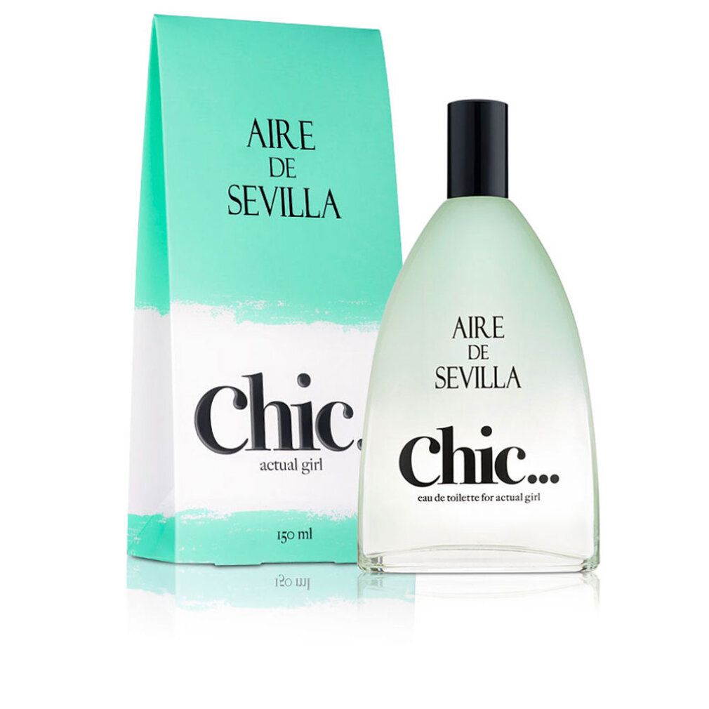 Flakon und Schachtel von Aire de Sevilla Chic. Türkis-weiße Schachtel, Flakon mit schwarzem Verschluss. Aufschrift: Chic, actual girl.