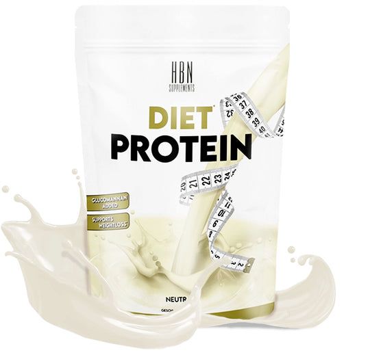 HBN Supplements Diet Protein-Beutel mit Flüssigkeitsspritzer und Messband. Aufschrift: Glucomannan Added, Supports Weightloss. Geschmack: Neutral.