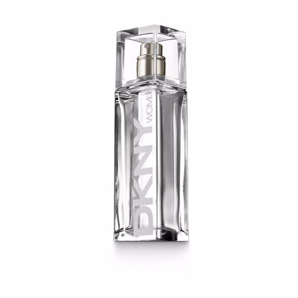 DKNY Women Eau de Toilette Flakon. Transparenter Flakon mit silberfarbenem Zerstäuber und Schriftzug. Quadratische Form.