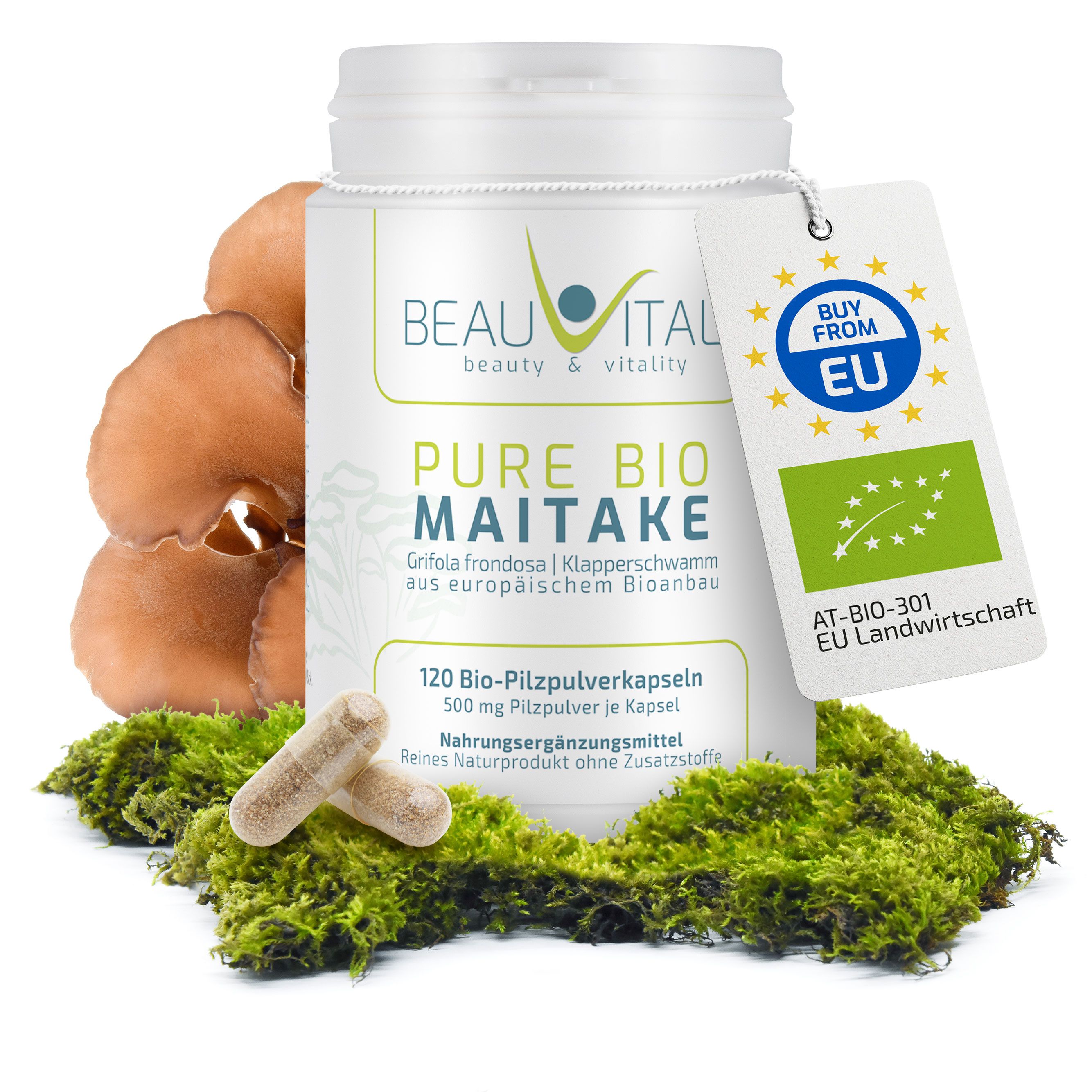 BEAUVITAL® Pure Bio Maitake Kapseln: Weißer Behälter mit Etikett, Maitake-Pilze, Moos und zwei Kapseln.