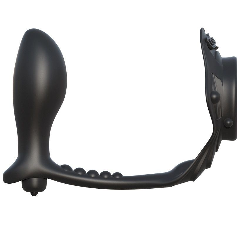 Schwarzer C-Ring mit externem Vibrationsbullet und analerilage, Seitenansicht.