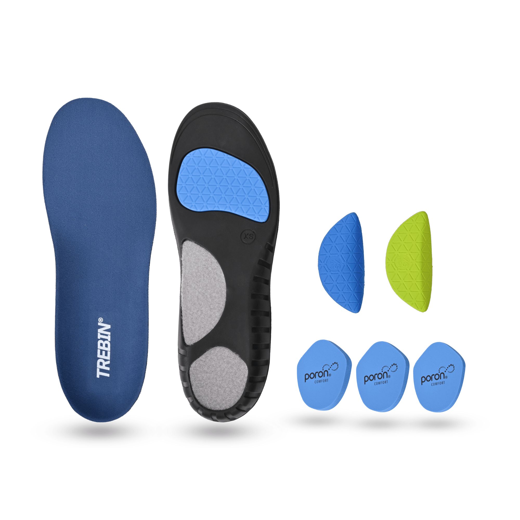 Orthopädische Einlegesohlen mit austauschbaren Dämpfungselementen in Blau und Grün.