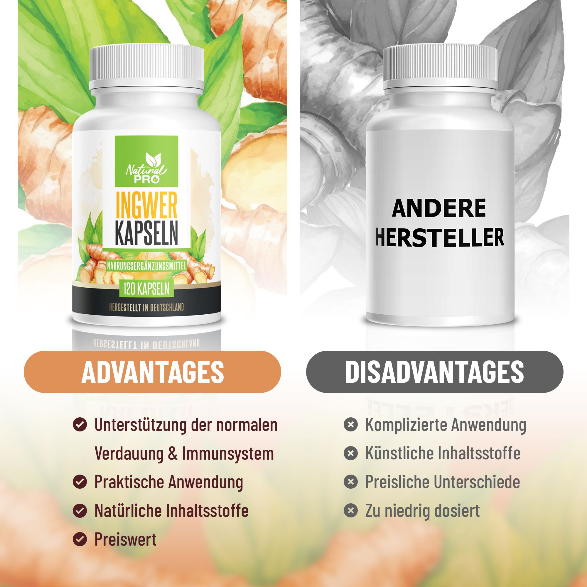 Vergleich von Ingwer Kapseln mit anderen Herstellern. Vorteile: Unterstützung, praktische Anwendung, natürliche Inhaltsstoffe, preiswert.