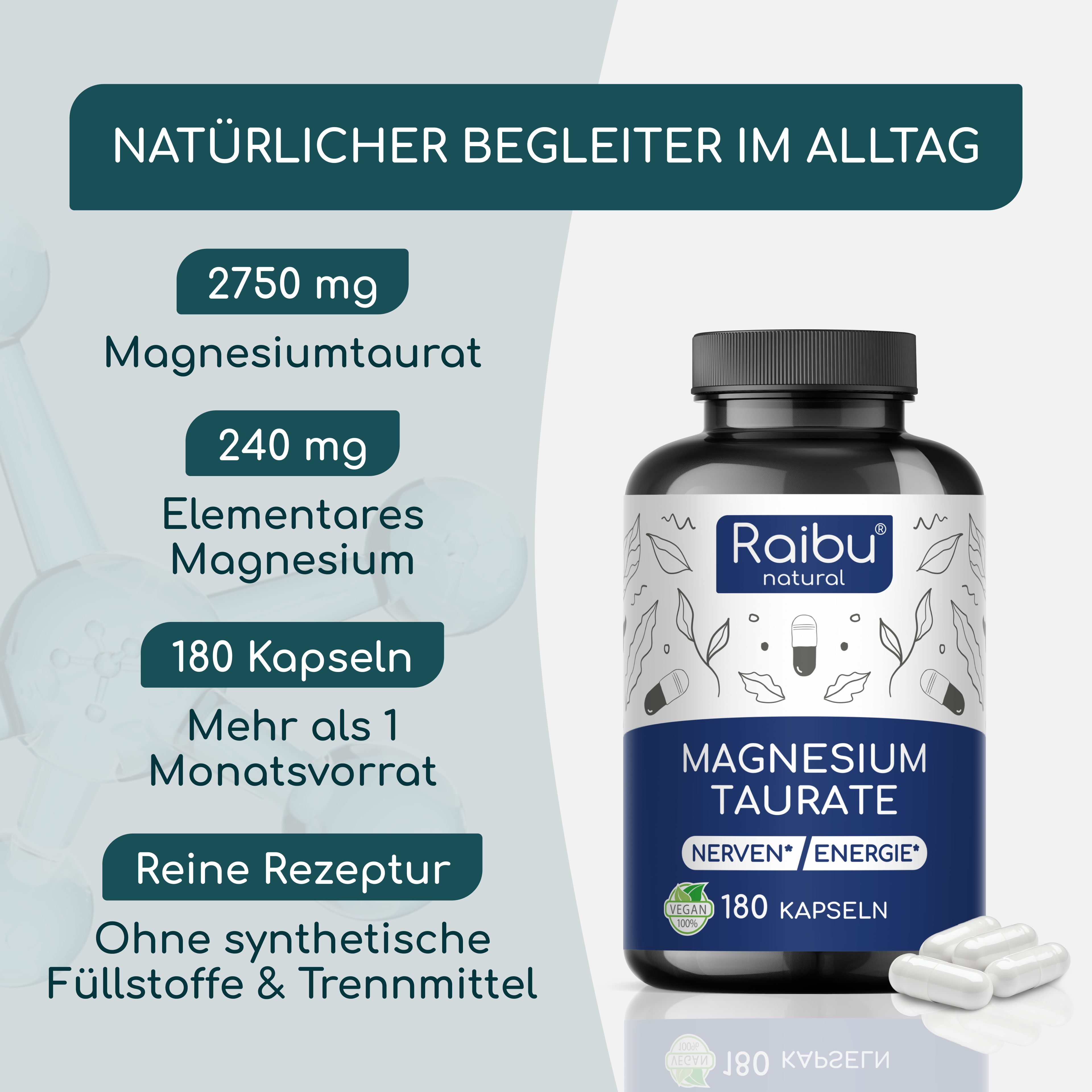 RAIBU Magnesium Taurat 2750 mg pro Tag - Für Muskeln & Nerven