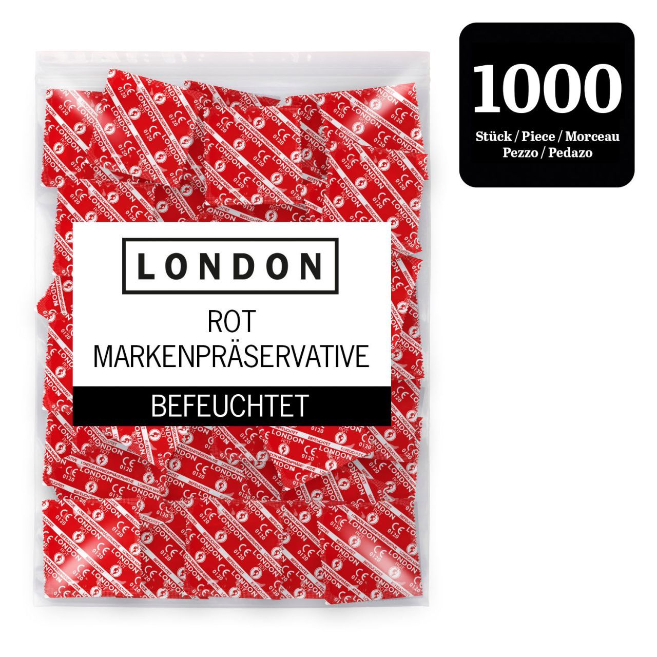 Beutel mit roten Kondomen. Aufdruck: LONDON, ROT, Markenpräservative, Befeuchtet. Schwarze Karte: 1000 Stück.