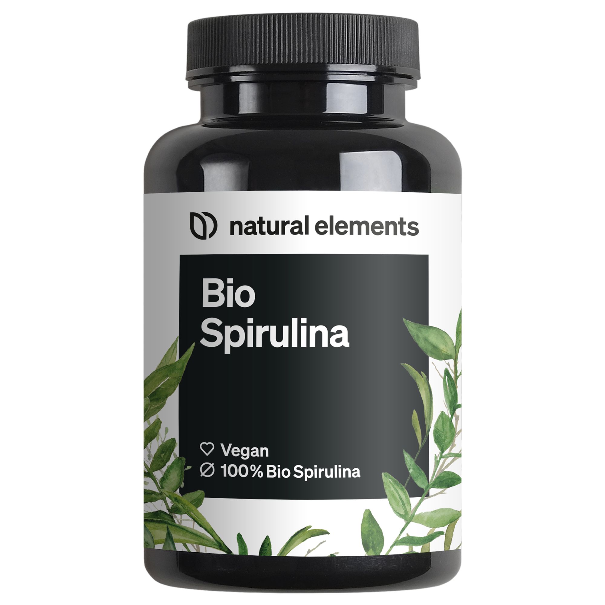 Schwarze Flasche mit weißem Etikett. Aufschrift: Bio Spirulina, Vegan, 100% Bio Spirulina. Marke: natural elements.