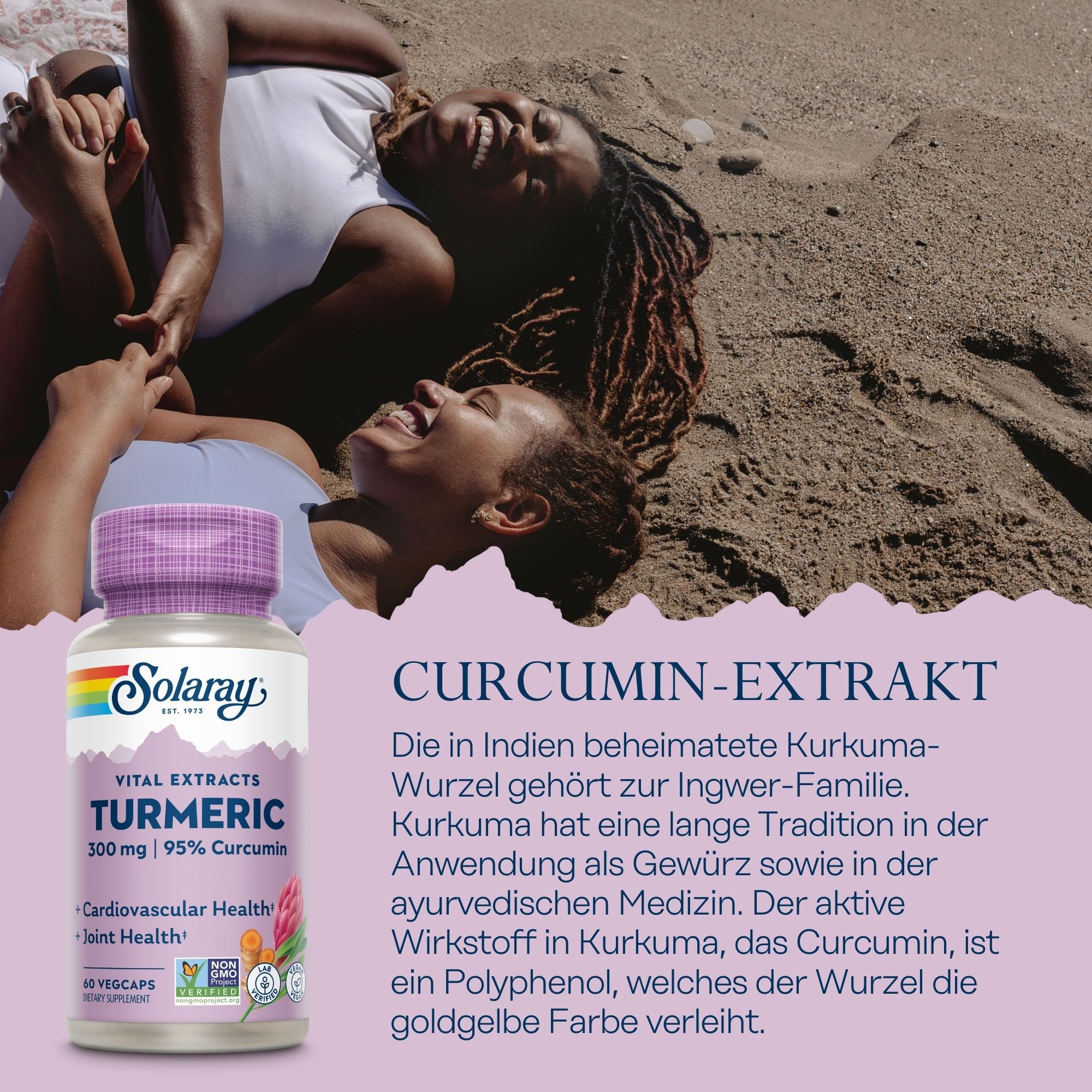 Solaray Kurkuma Wurzelextrakt-Kapseln. Lila Deckel, weißes Etikett. Text: Turmeric, 300mg, 95% Curcumin. 30 Vegicaps.