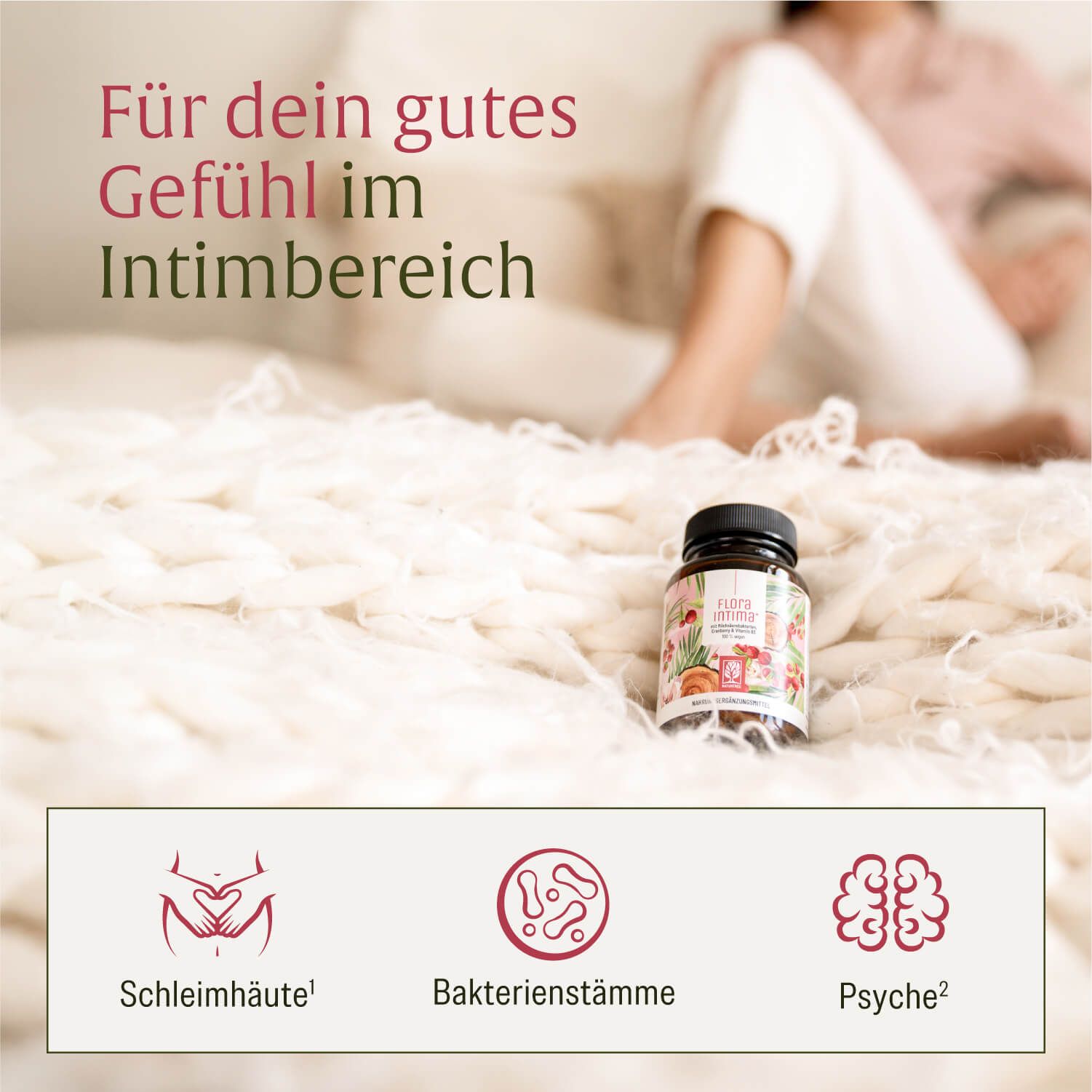 Produktflasche auf einem Tisch. Text: Für dein gutes Gefühl im Intimbereich. Symbole: Schleimhäute, Bakterienstämme, Psyche.