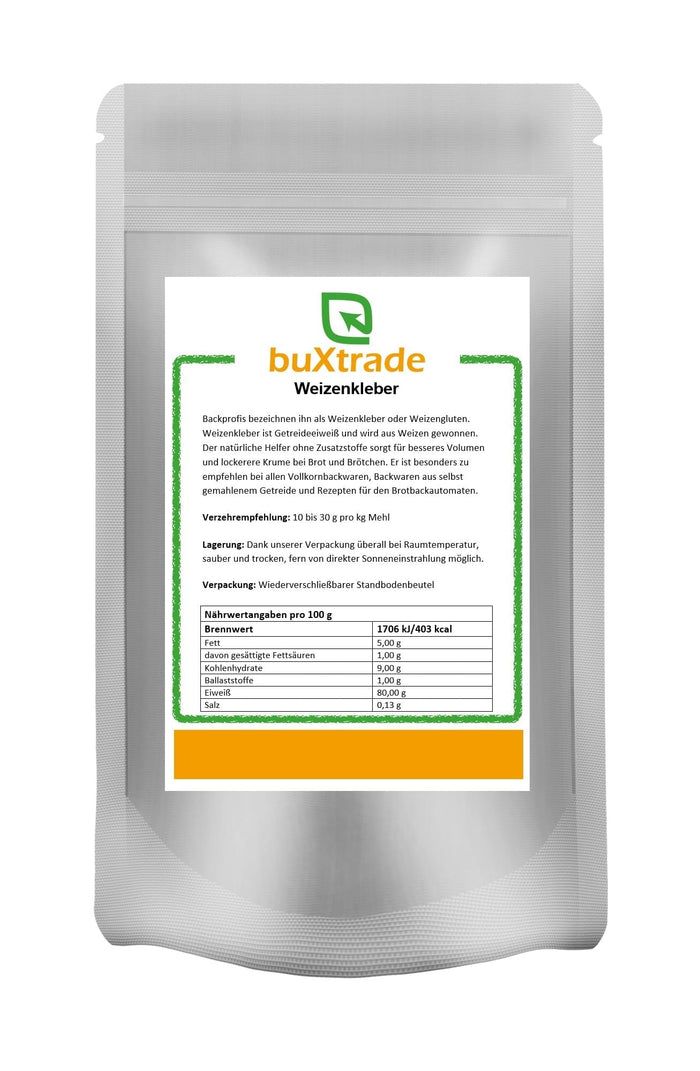 Weizenkleber-Pulver in einem Standbodenbeutel. Aufdruck mit Nährwertangaben und dem Logo von buXtrade.