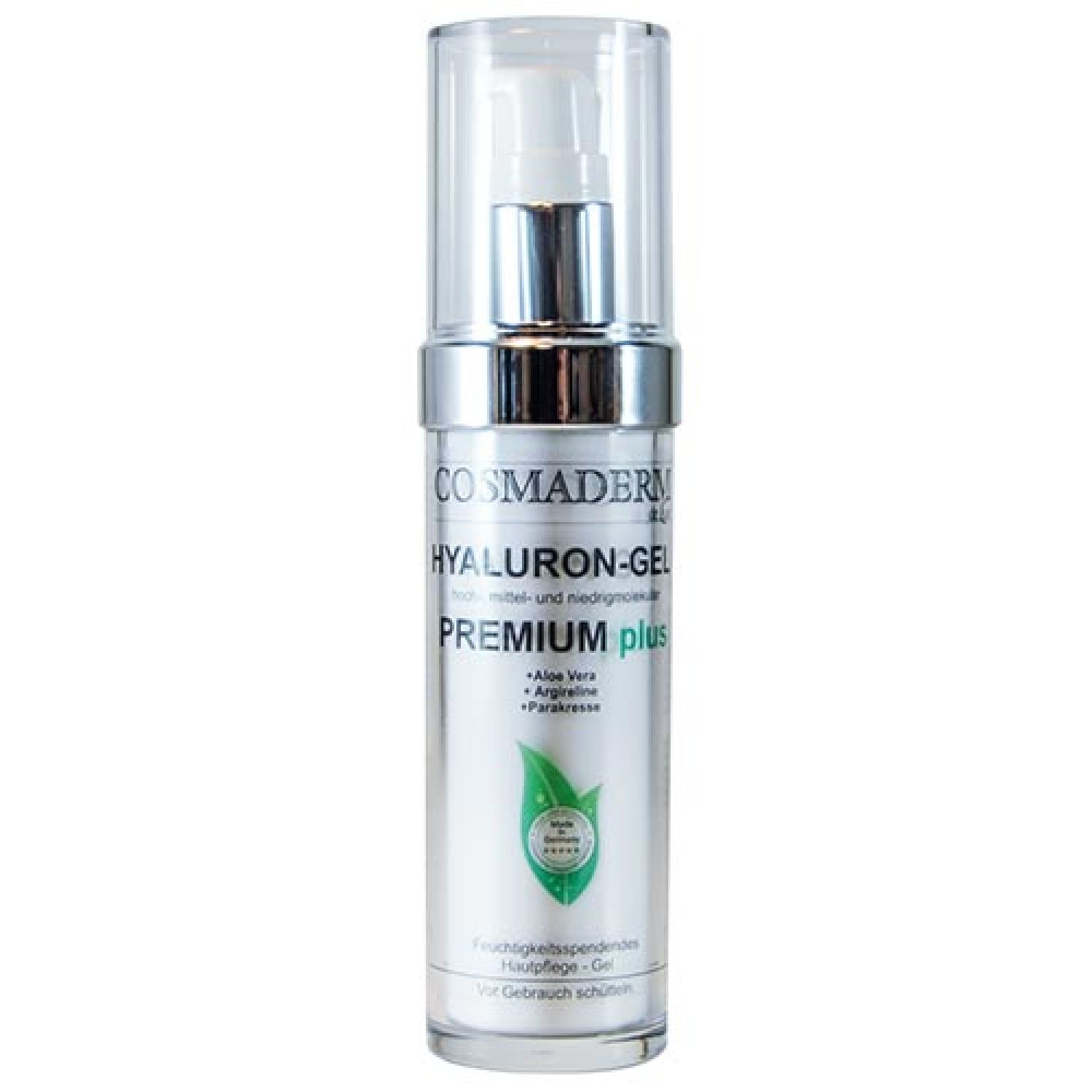 Transparente Flasche mit Pumpe. Aufschrift: COSMADERM, HYALURON-GEL, PREMIUM plus. Enthält Aloe Vera, Arginin, Parakresse. Mit Qualitätszeichen.