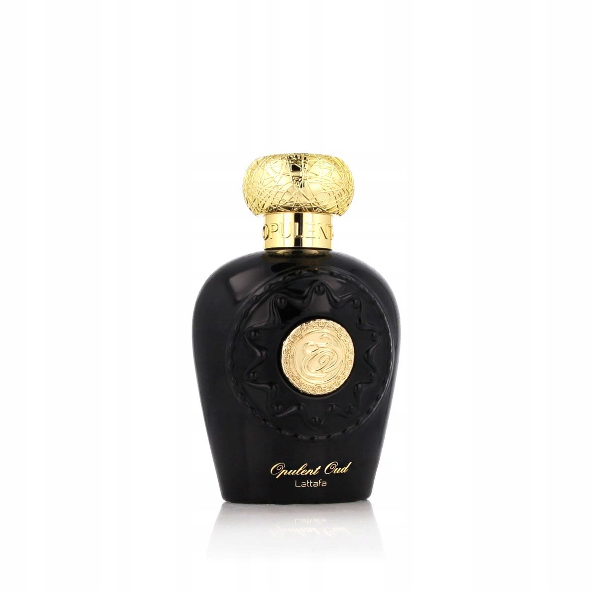 Schwarzer Flakon mit goldener Kappe. Aufschrift 'Opulent Oud Lattafa'. Runde, goldene Verzierung auf der Vorderseite.
