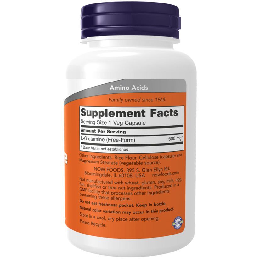 Rückseite der Flasche. Aufkleber mit "Supplement Facts" und Inhaltsangaben. Enthält "L-Glutamine (Free-Form) 500 mg".