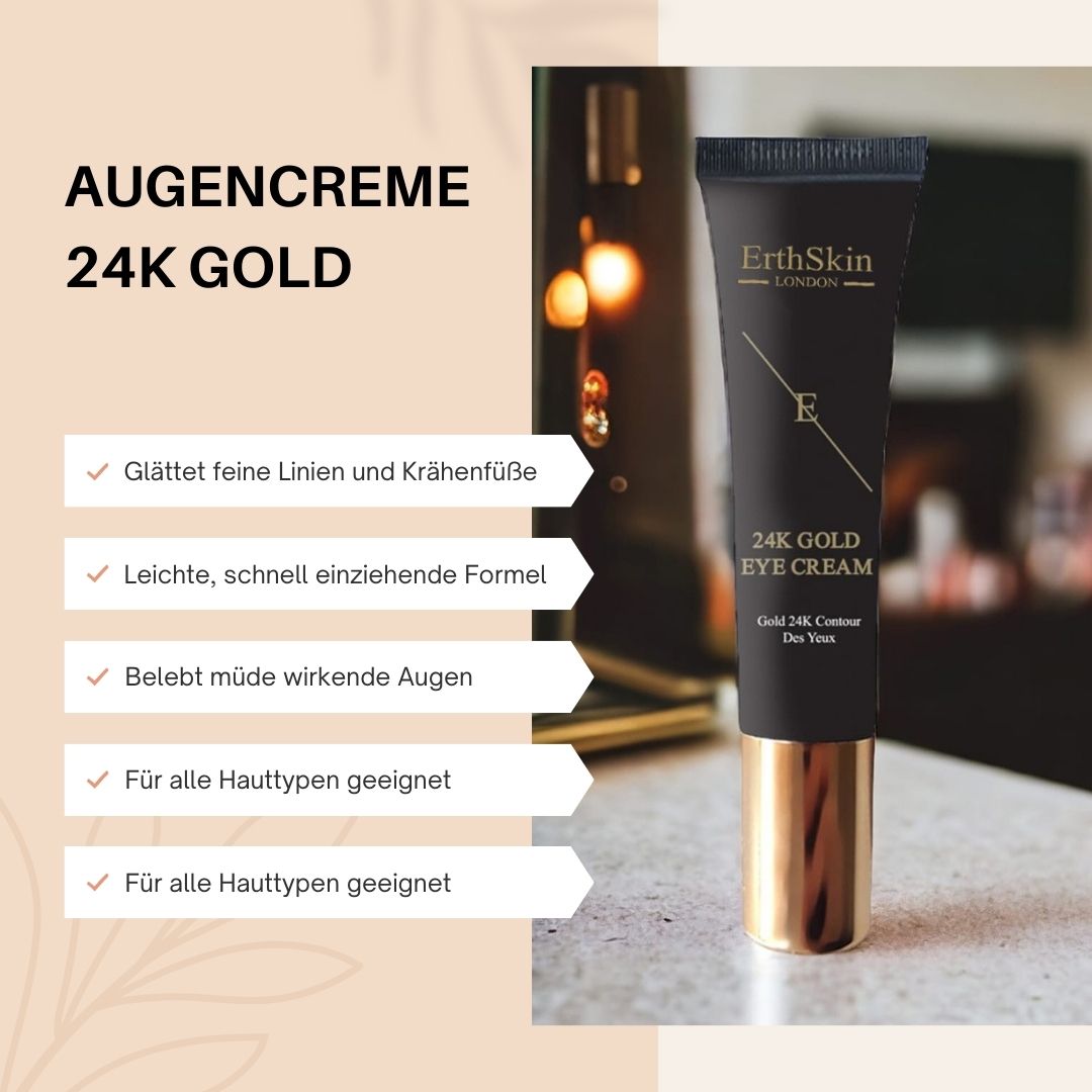 Schwarze Tube Augencreme mit goldfarbenem Verschluss. Aufschrift: ErthSkin London, 24K Gold Eye Cream. Text: Augencreme 24K Gold.