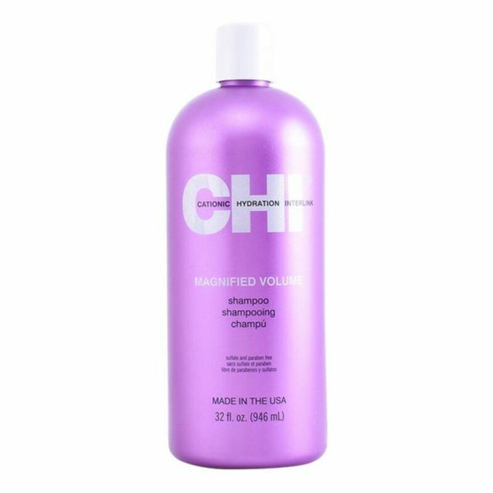 Violette Shampoooflasche mit weißem Deckel. Aufschrift: CHI Magnified Volume. 32 fl. oz. (946 ml).