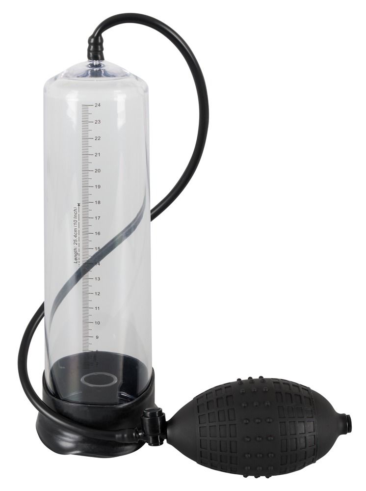 Schwarzer Zylinder mit Messskala und Schlauch. Schwarze Pumpe. Transparenter Zylinder. Schwarze Basis.