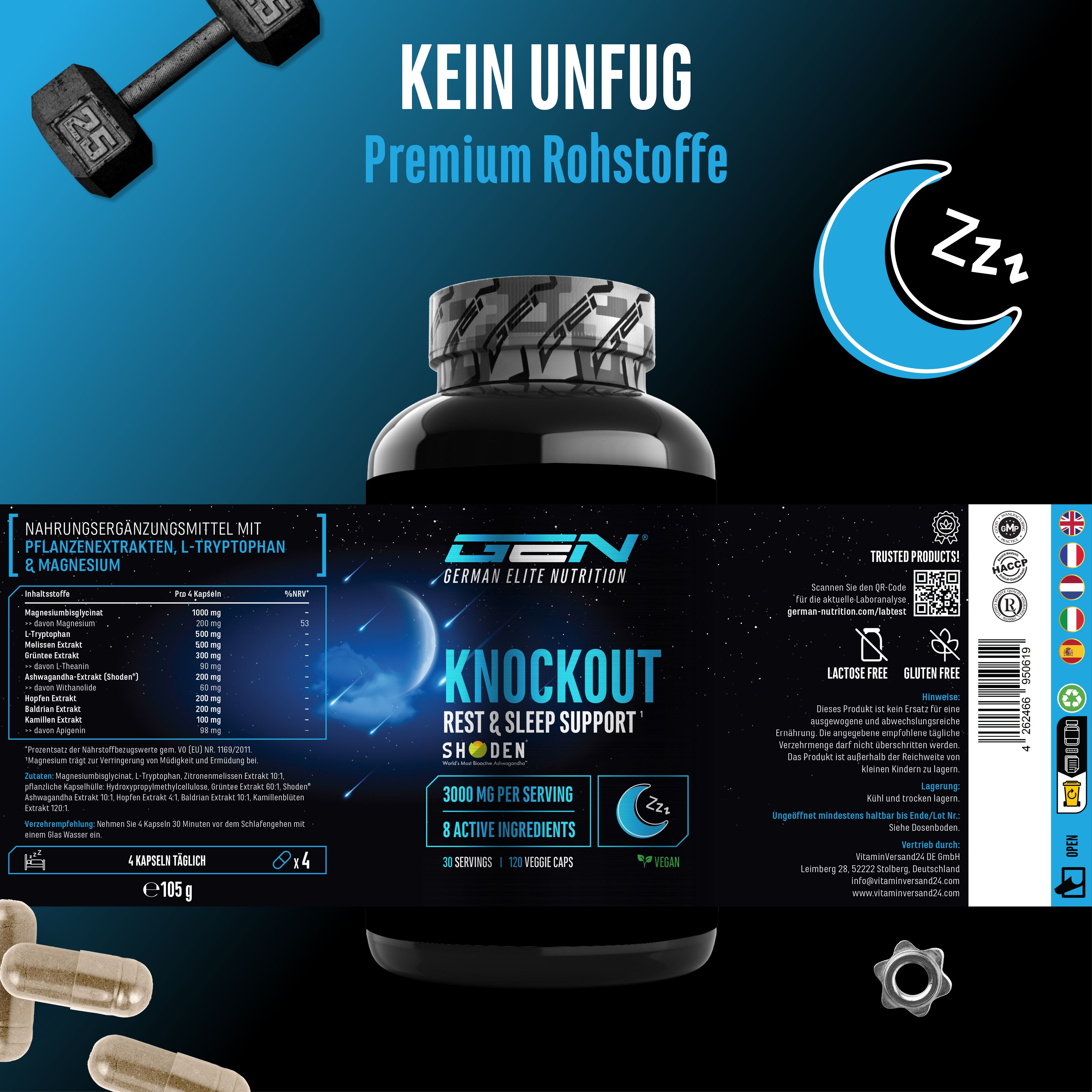 Produktverpackung von GEN Knockout. Flasche mit Kapseln, Inhaltsstoffe, 3000 mg pro Portion, 8 Inhaltsstoffe, 120 Veggie Kapseln. Kapseln daneben.