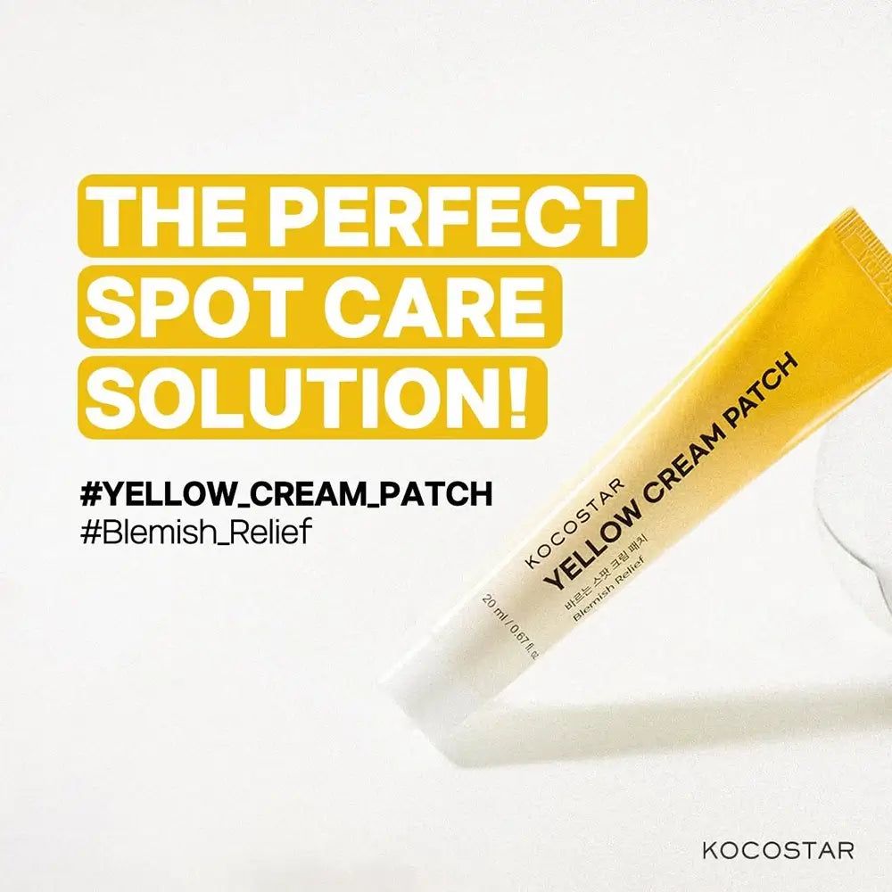 Gelbe Tube KOCOSTAR Yellow Cream Patch. Text: THE PERFECT SPOT CARE SOLUTION! #YELLOW_CREAM_PATCH #Blemish_Relief.