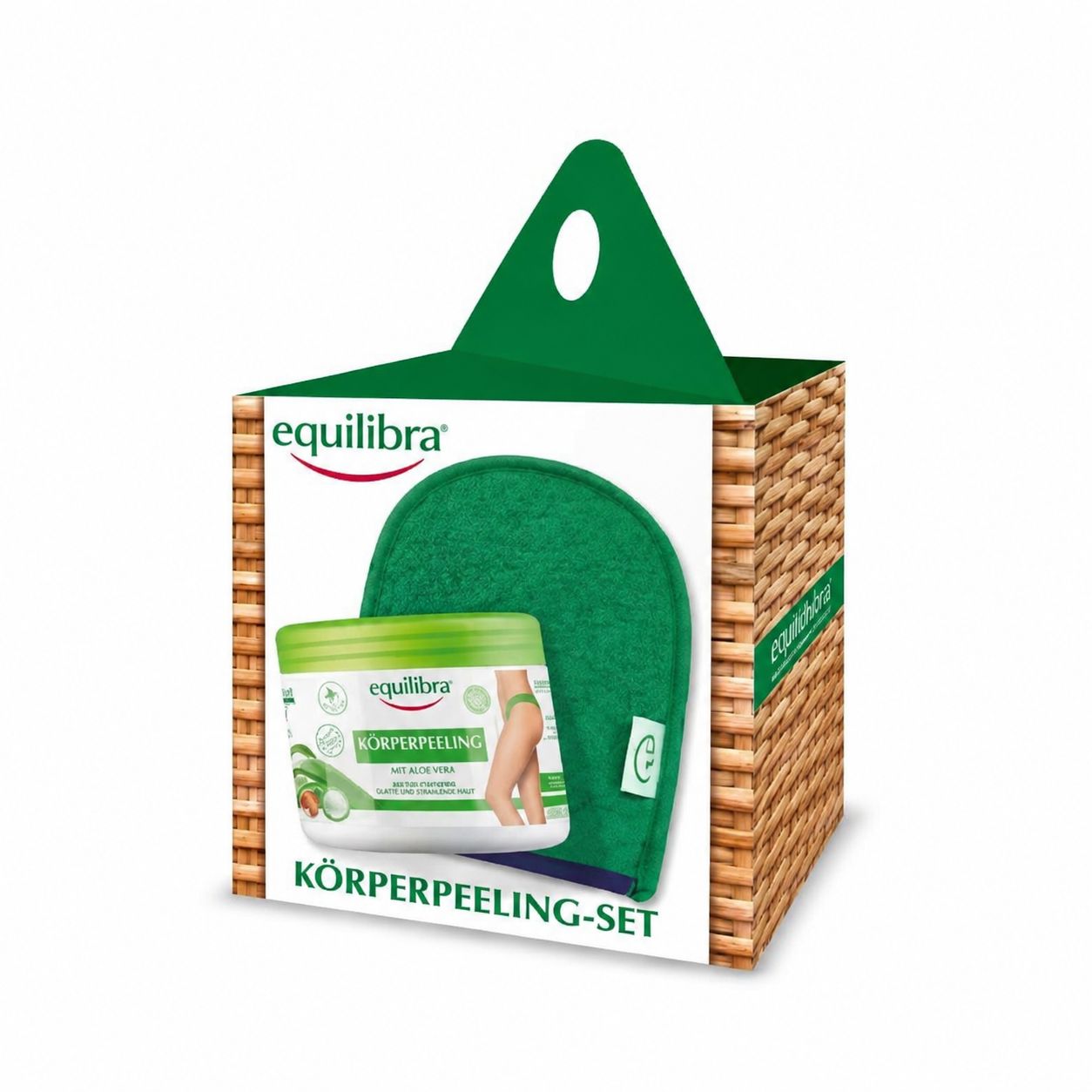 Equilibra Körperpeeling-Set mit einem Behälter und einem grünen Peeling-Handschuh.