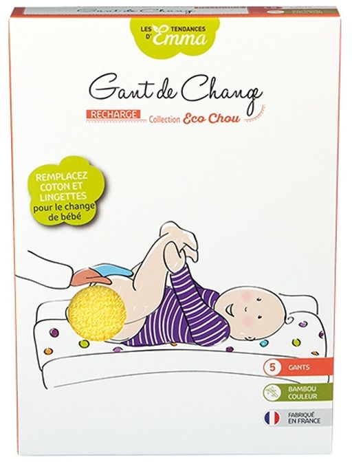 Verpackung mit Baby-Waschhandschuhen. Aufdruck: Emma, Gant de Chang, 5 Stück, Bambus, hergestellt in Frankreich. Abbildung eines Babys.
