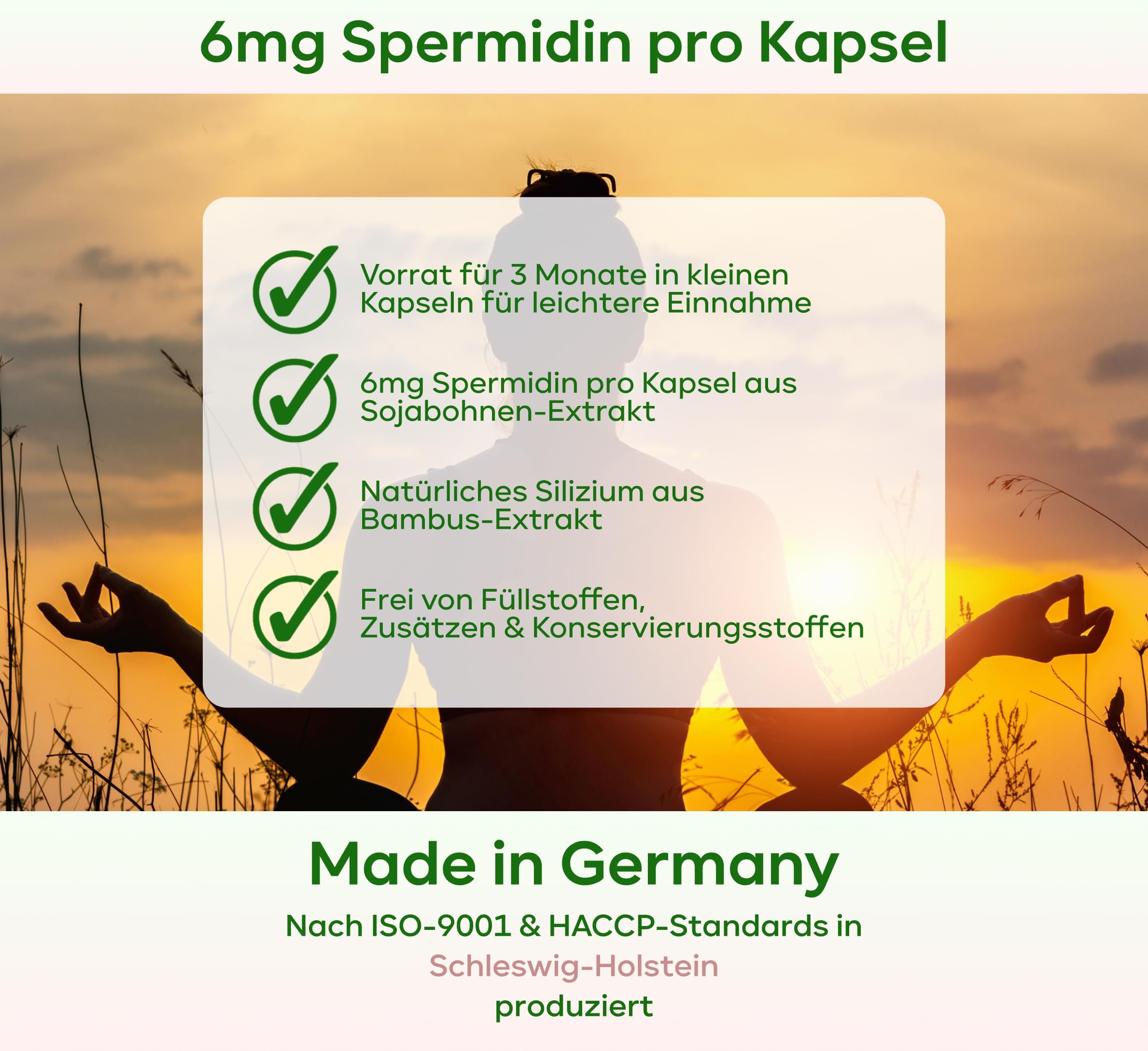 Grafik mit grünen Häkchen und Text. Enthält: 6mg Spermidin, Sojabohnen-Extrakt, natürliches Silizium, frei von Zusätzen. Hintergrund: Sonnenuntergang.