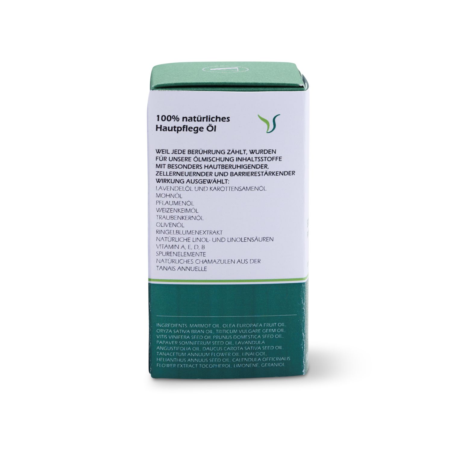Rückseite der Schachtel. Text: 100% natürliches Hautpflege Öl. Inhaltsstoffe und weitere Informationen.