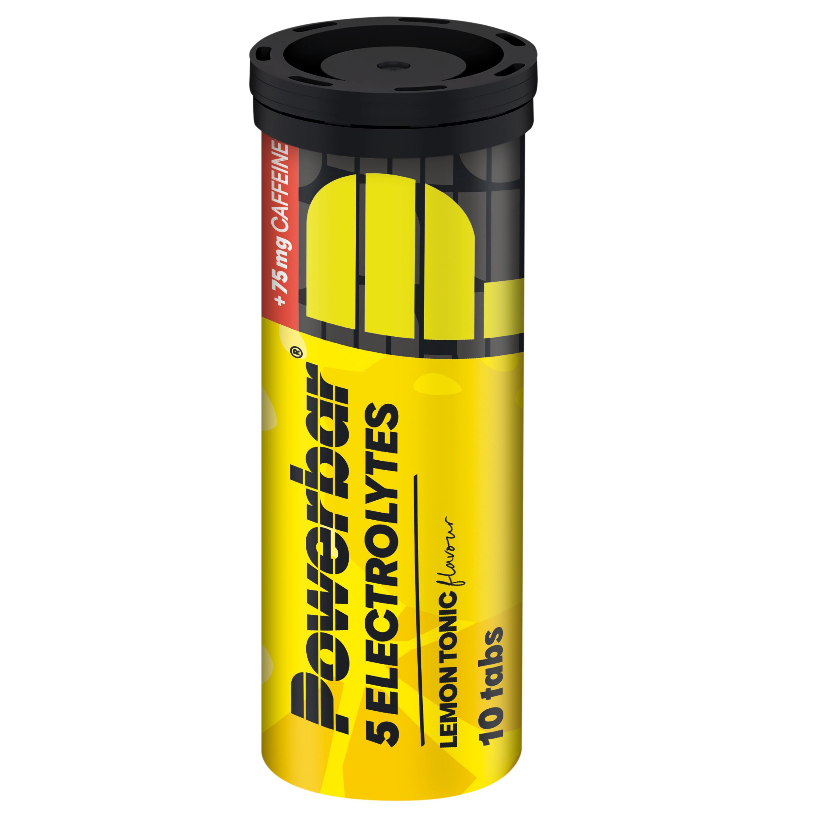 Gelbe zylindrische Dose mit schwarzem Deckel. Aufschrift: Powerbar 5 Electrolytes Lemon Tonic, 10 Tabs. Enthält 75mg Koffein.