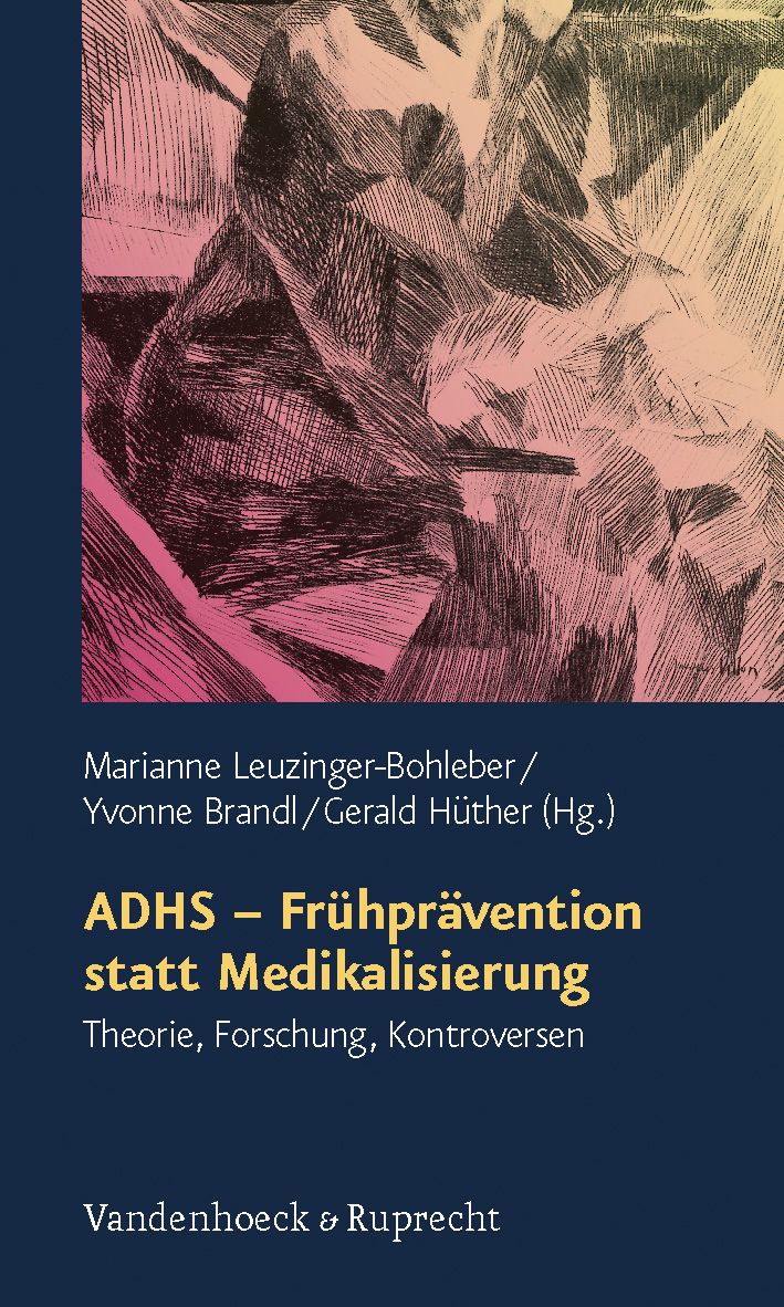 Buchcover: ADHS - Frühprävention statt Medikalisierung. Titel, Autoren, Verlag Vandenhoeck & Ruprecht. Illustration in Rosa- und Schwarztönen.