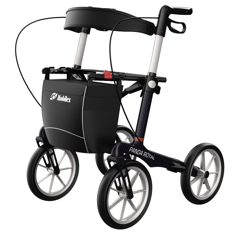Mobiler Rollator mit Sitz, Tasche und vier Rädern. Höhenverstellbare Griffe und Bremsen.