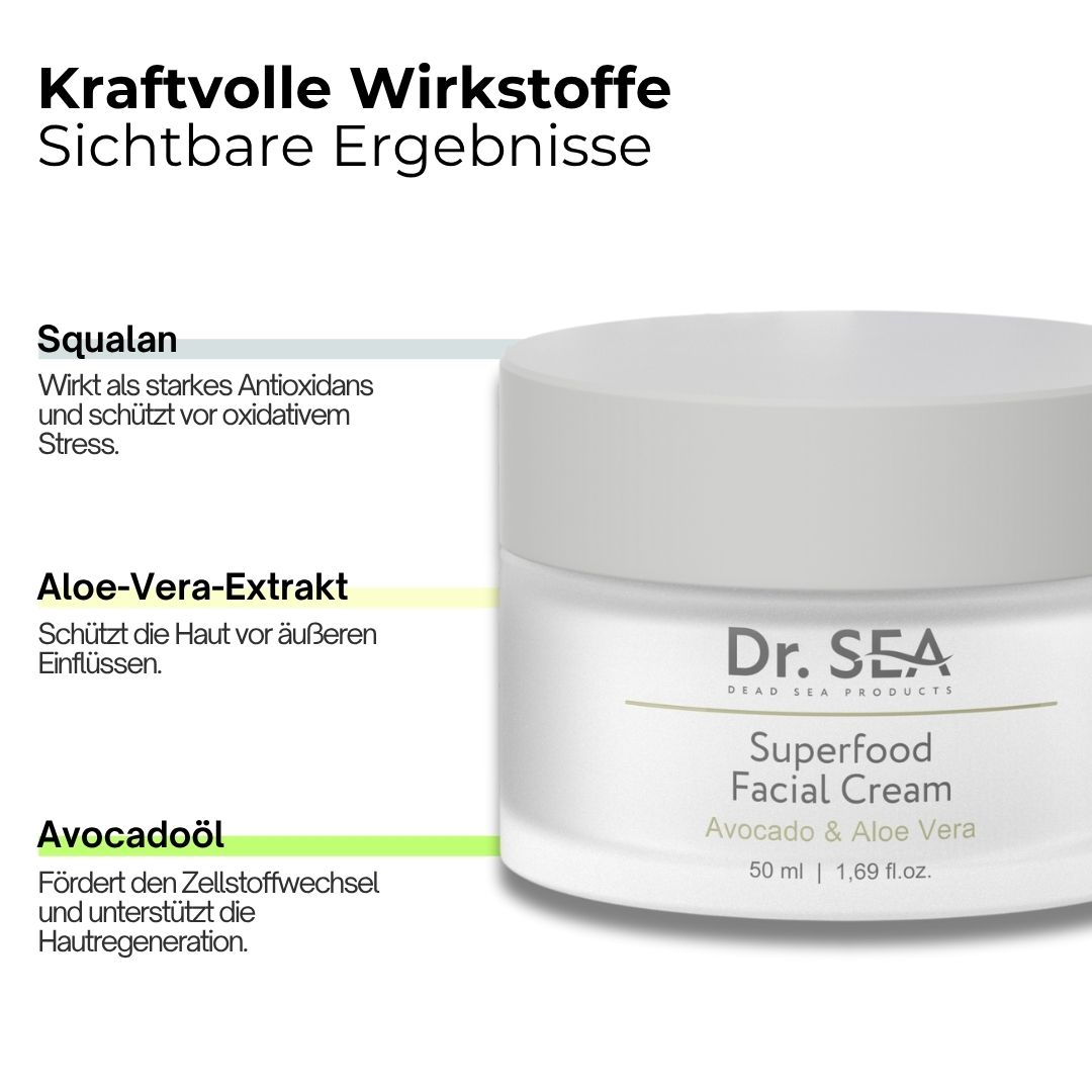 Creme-Tiegel mit Text. Text: Squalen, Aloe-Vera-Extrakt, Avocadoöl. Aufschrift: Dr. SEA, Superfood Facial Cream.