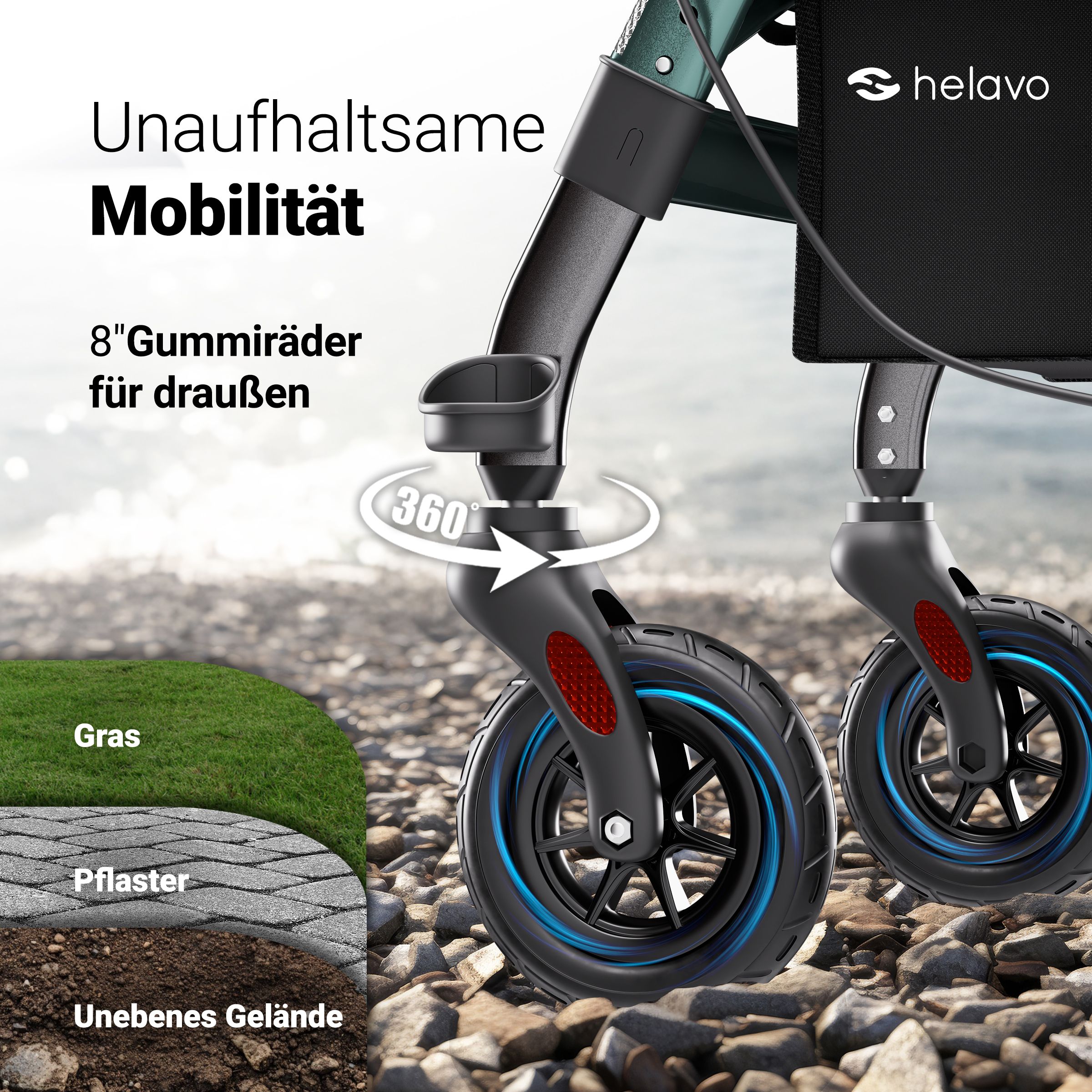 Rollator mit 8-Zoll-Gummirädern für verschiedene Untergründe.