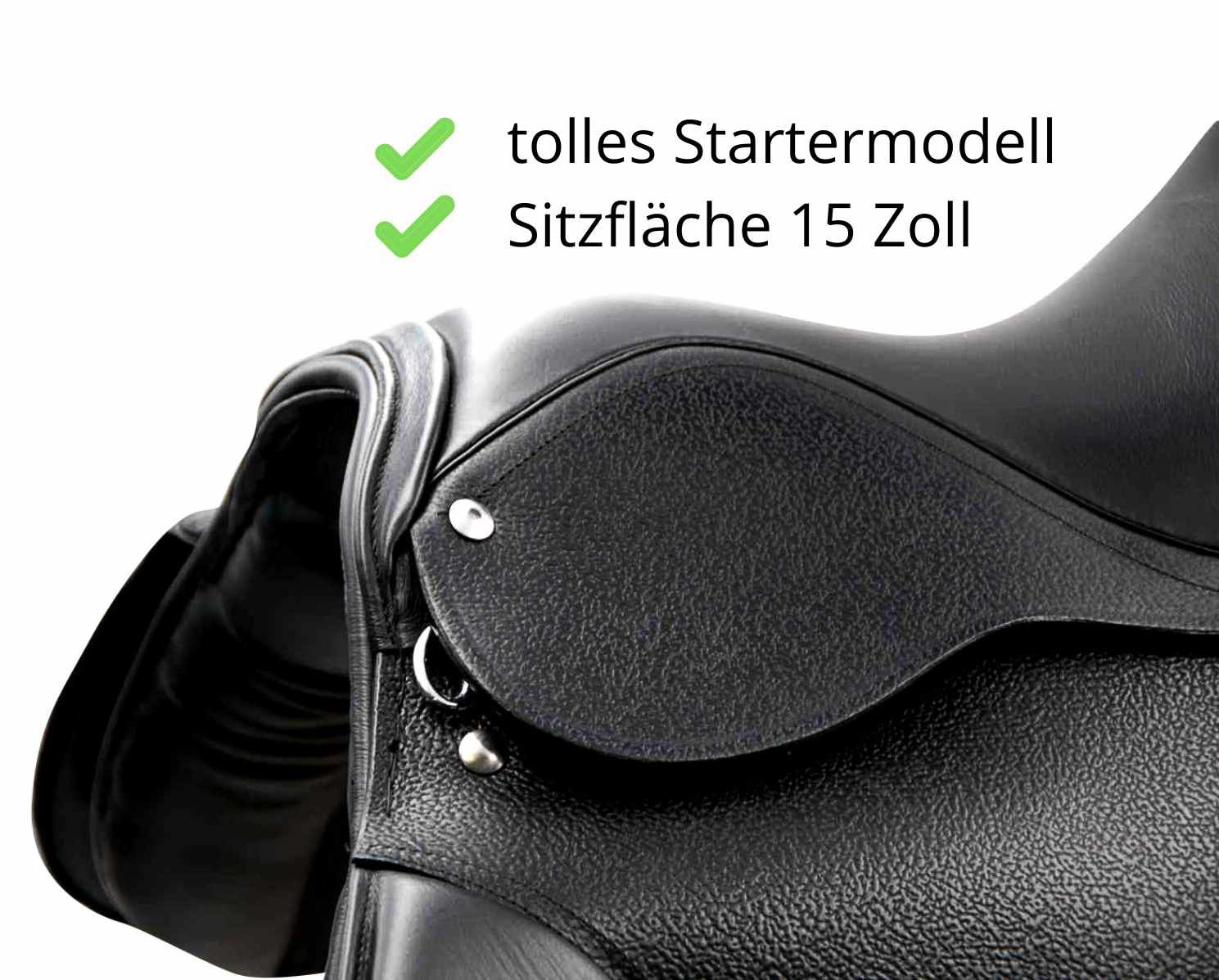 Nahaufnahme eines schwarzen Pony-Sattels. Text: „tolles Startermodell“ und „Sitzfläche 15 Zoll“.