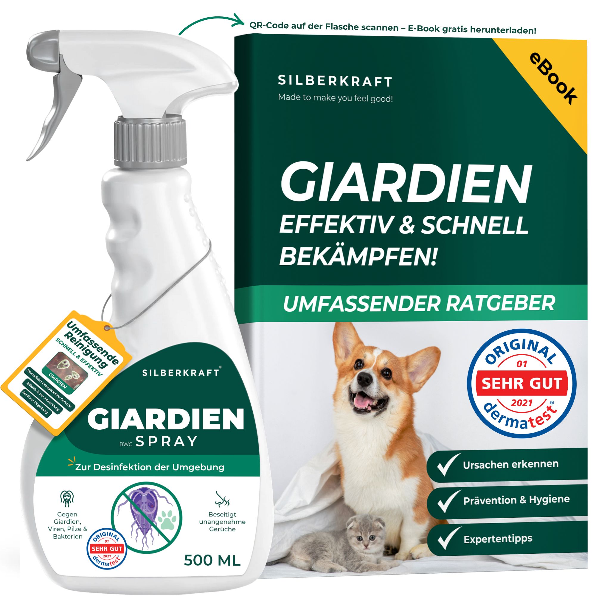 SILBERKRAFT Giardienspray Hunde & Katzen gegen Giardien, Bakterien, Viren & Pilze inkl. eBook