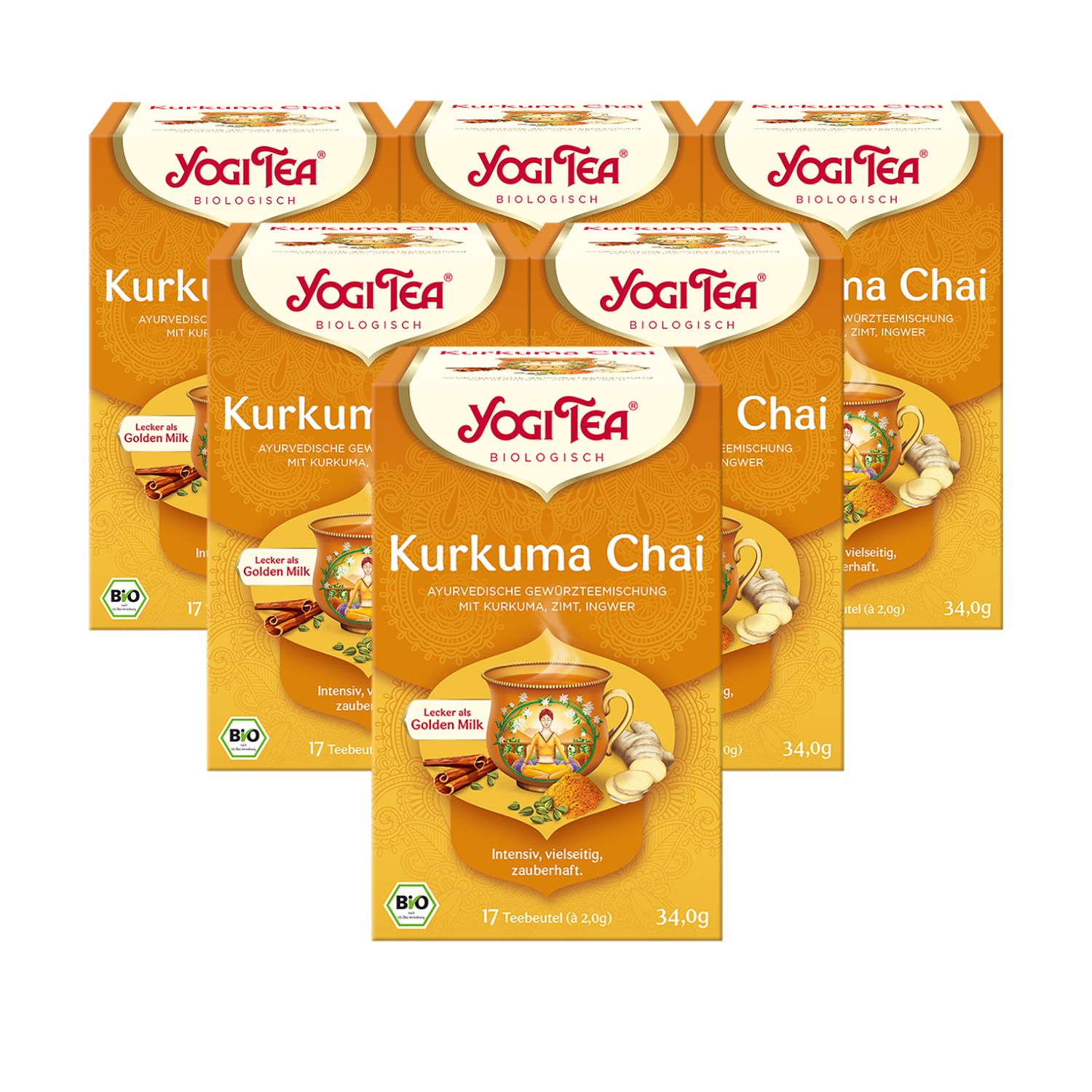 Mehrere Packungen YOGI TEA Kurkuma Chai Bio-Gewürztee. Gelbe Verpackung mit Logo und Produktbezeichnung. Bio-Siegel.