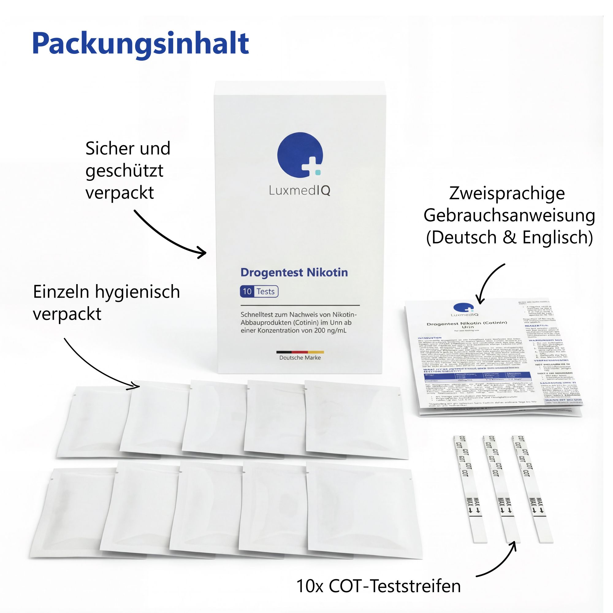 Packungsinhalt: LuxmedIQ Drogentest, 10 Teststreifen, Gebrauchsanweisung. Einzeln verpackte Teststreifen. Deutsche Marke.