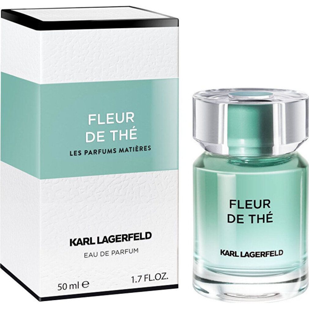 Parfumflakon und Verpackung. Flakon: Türkis, transparent. Verpackung: Weiß, Türkis. Aufschrift: FLEUR DE THÉ, KARL LAGERFELD.