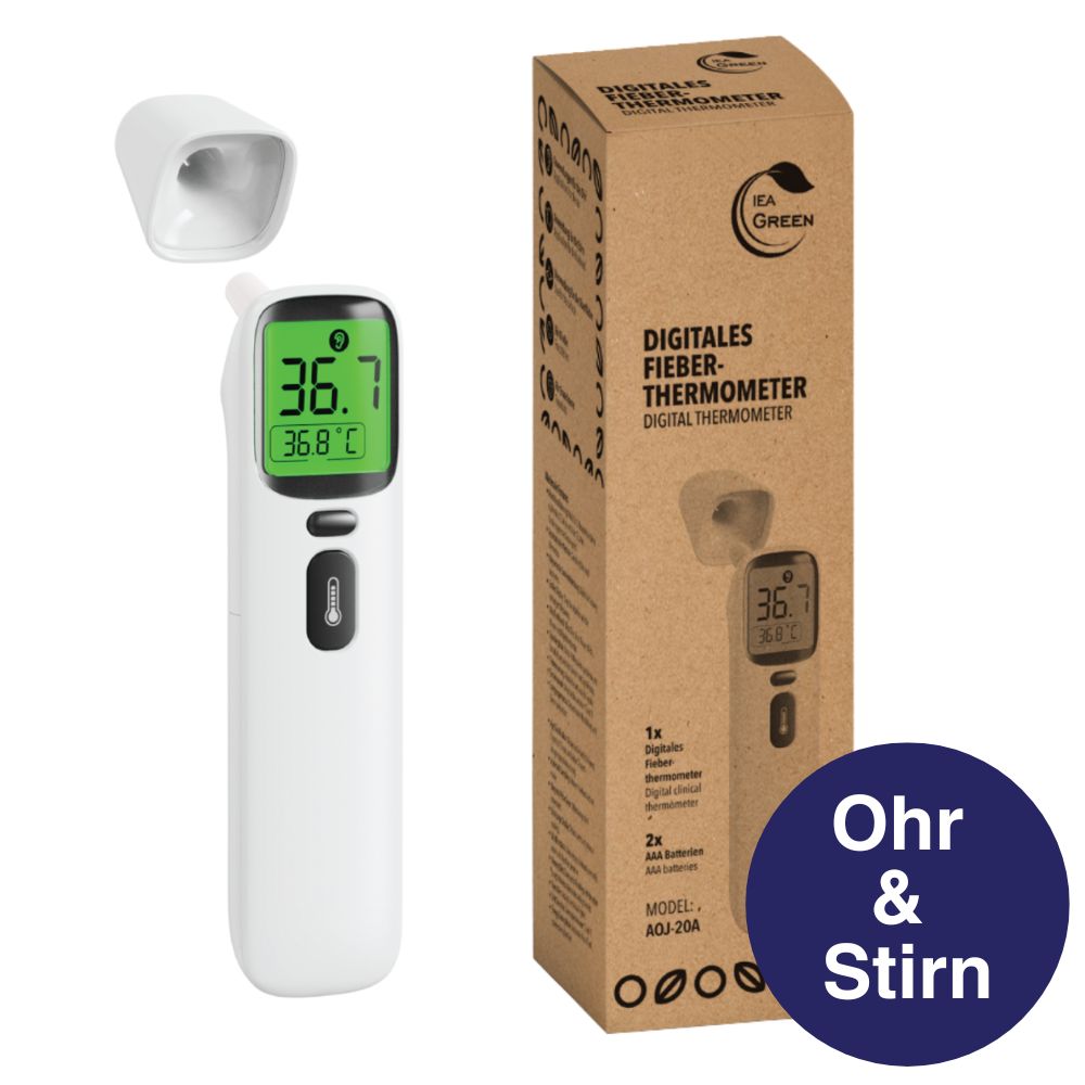 Digitales Fieberthermometer, weiß. Mit Display, Schutzkappe und Verpackung. IEA Green Logo und Produktname auf der Verpackung.