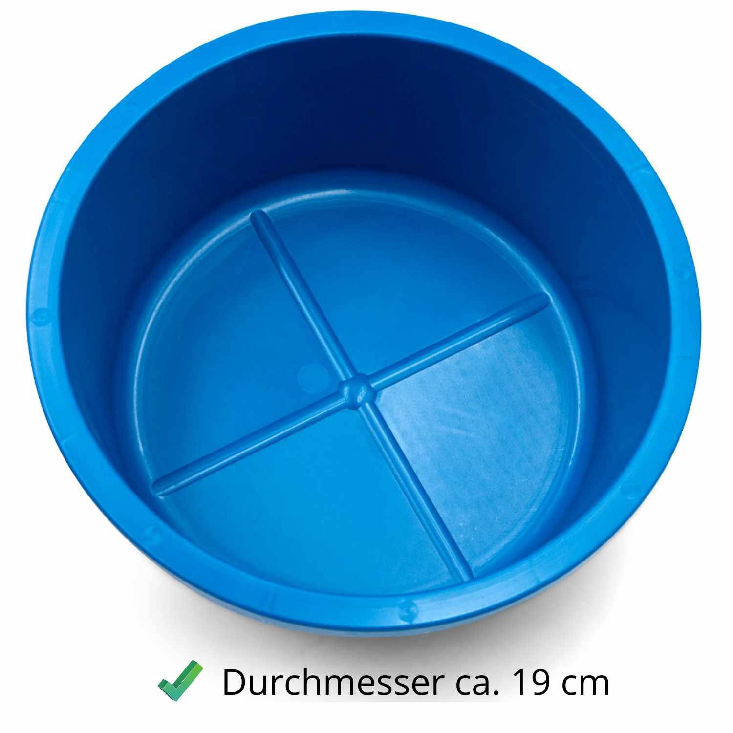 Blaue Futterschale, Innenansicht. Durchmesser ca. 19 cm. Kreuzförmige Struktur am Boden.